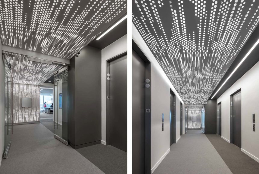 Arktura Vapor Trail installed in elevator lobby.