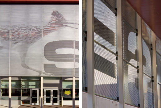 This image shows two pictures. The left shows metal panels that allow a picture of a bird to form. The right image is a close-up image of the letters on the same building.