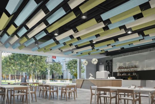 SoundAngle® acoustical system in multiple colors above cafe