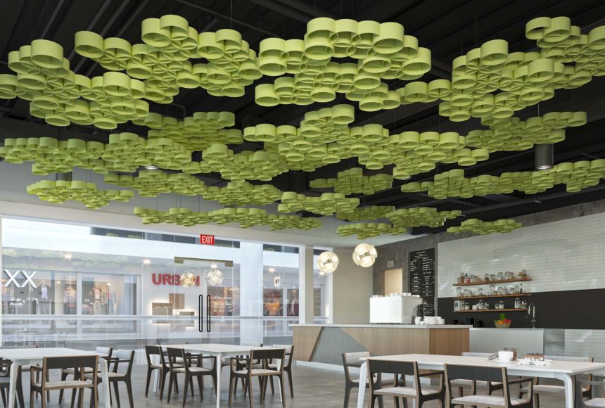 Sphera® ceiling system in green installed in cafe.