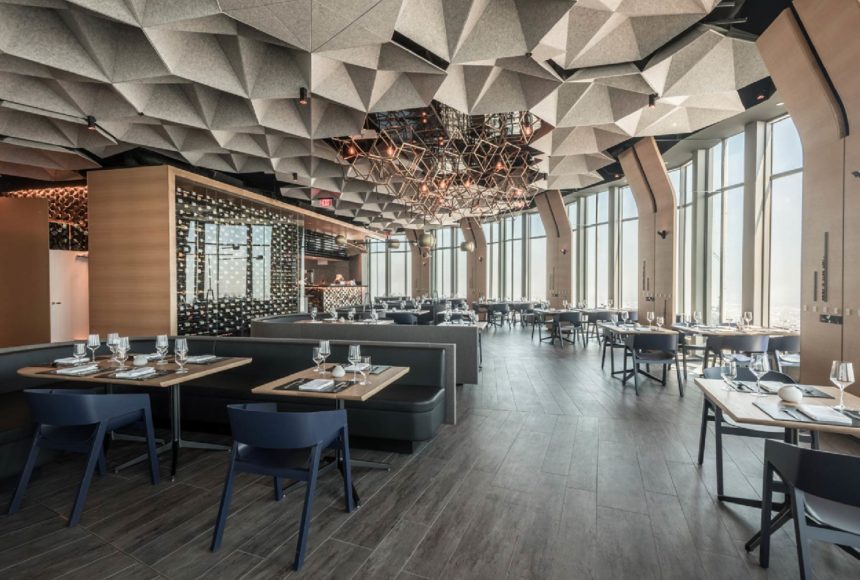 Arktura Solution Studio 71 Above restaurant with a faceted acoustic ceiling system