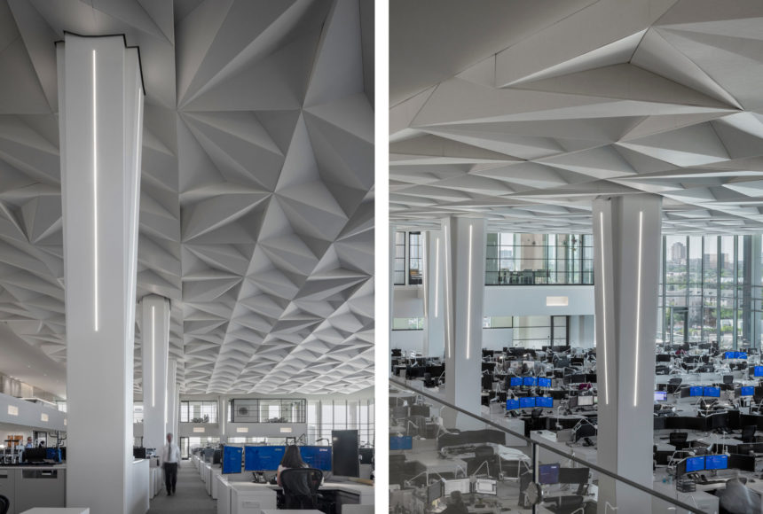 Close ups of Arktura Solutions Studio Vitol faceted ceiling made with Soft Sound