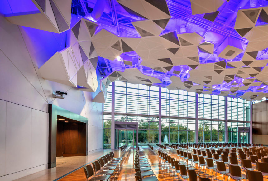 Arktura Solution Studio faceted acoustic ceiling in Town Hall for Noble Energy