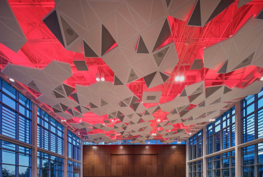 Arktura Solution Studio faceted acoustic ceiling in Town Hall for Noble Energy