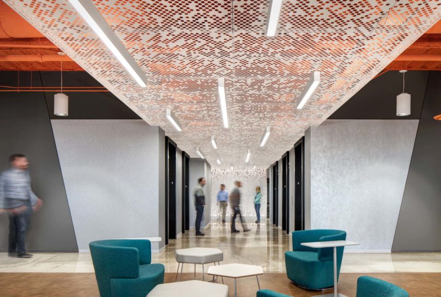 Arktura Vapor® Cluster Dense with integrated lighting installed in elevator lobby.