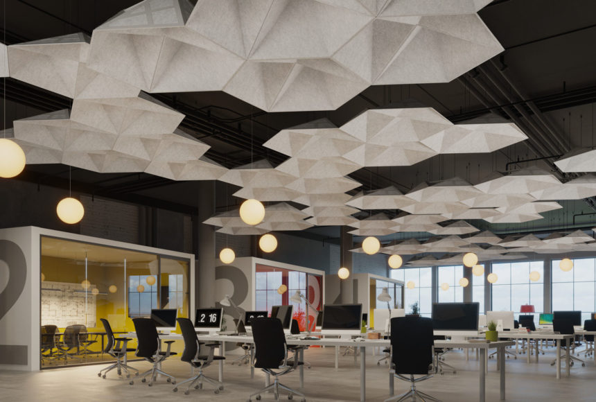 cloud ceiling panels SoundStar® faceted, acoustical system installed in office.