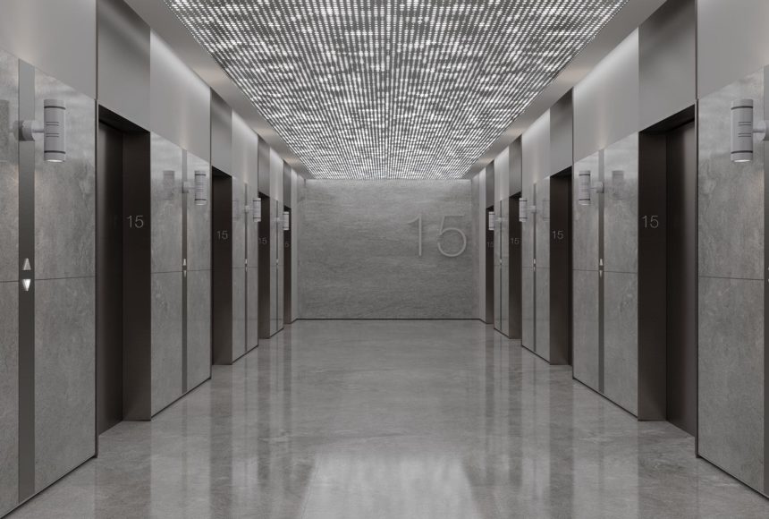 Arktura Vapor Pixel backlit ceiling panels in an elevator lobby.