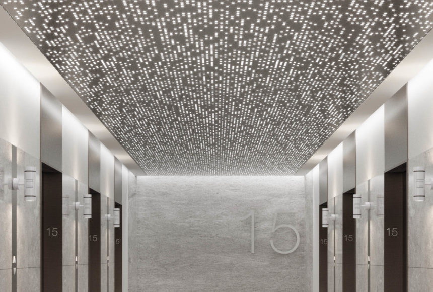 Close up of Arktura Vapor® Syntax installed in an elevator lobby.