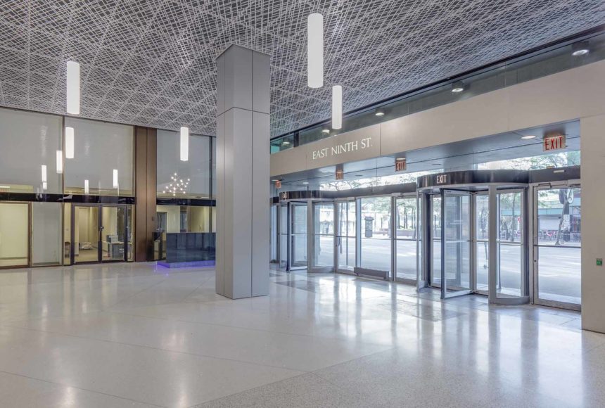 Arktura Trace Skew ceiling system installed in a lobby