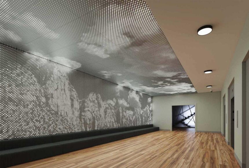 decorative metal wall panels Arktura Vapor® Graphic Perf® in elevator lobby