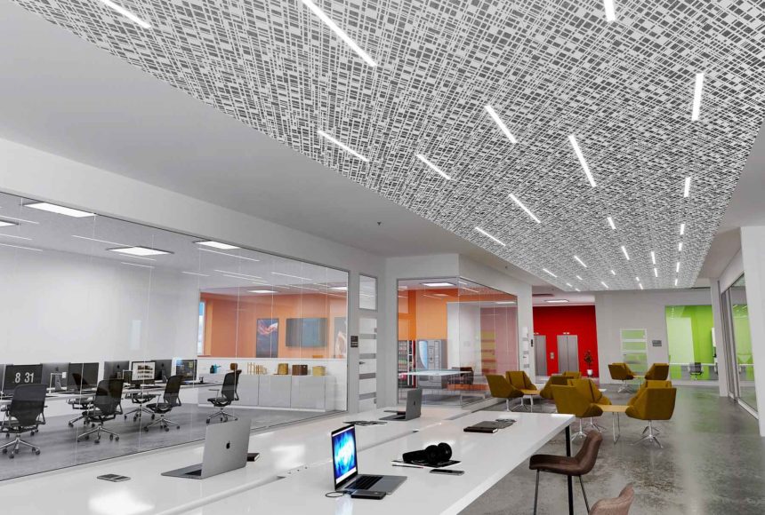 Office Ceiling Panels | Trace® Slant with Soft Sound® backers and Arktura's InLine Integrated Lighting installed in office.