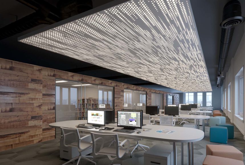 3d drop ceiling tiles VaporSoft Trail with Frosted Backer and Arkluma™ Backlight Integrated Lighting installed in office.