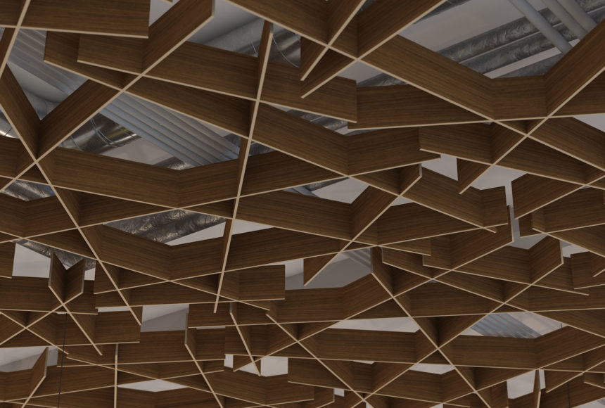 These ceiling panels are installed to look like a wooden web. 