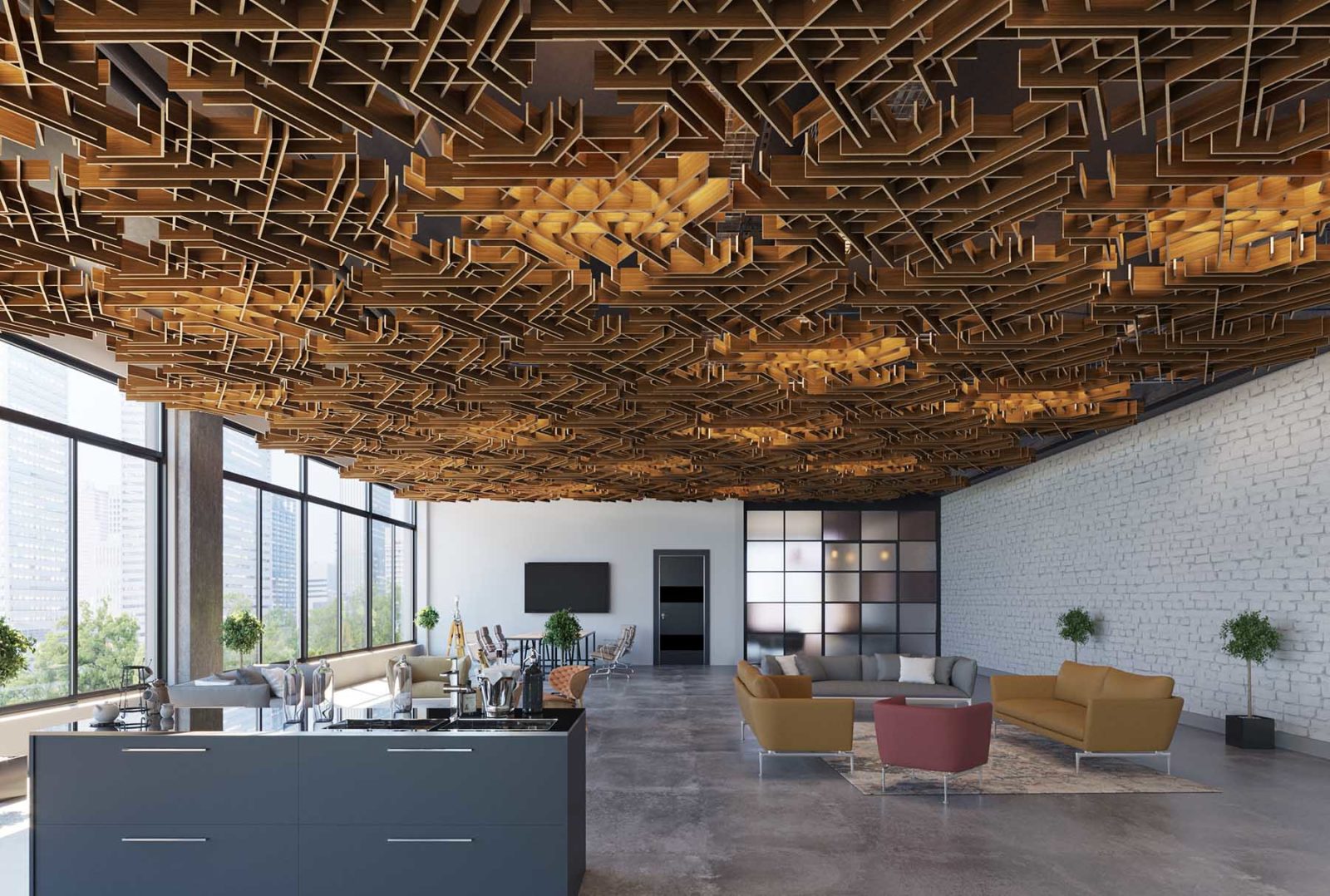 17 Ways To Bring Decorative Ceiling Panels Into Your Office Decor Arktura   Arktura SoftGrid Flux Kitchen Lounge 01 1600x1078 