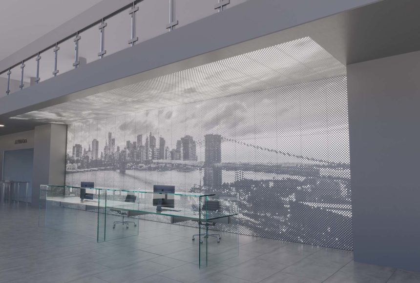 Arktura's Vapor Graphic Perf backlit ceiling and wall panels in a reception lobby.