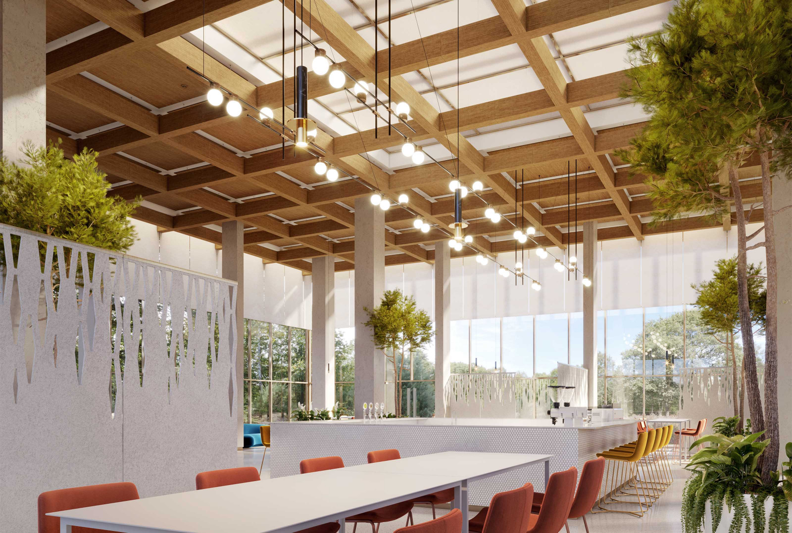This large space has a long table and a bar area for seating, there are various plants in the space, and the ceiling has large trellis beams. 