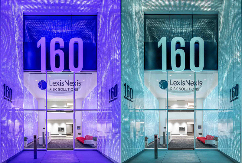 This image shows two entrances. Both of the same building, the left image shows the LexisNexis building in purple lighting. The right image shows the building with light blue lighting.