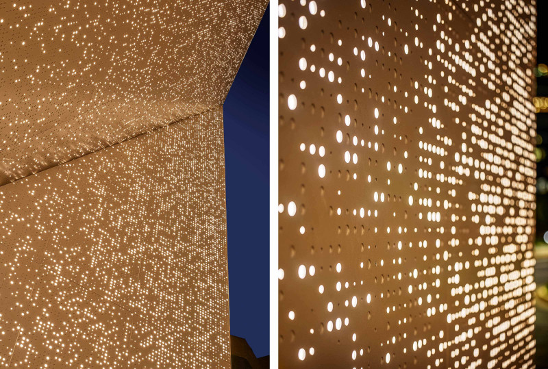 This image shows two pictures. The left image is looking up at the gold and warm lights. On the right is a close-up image showing the perforations in the siding.