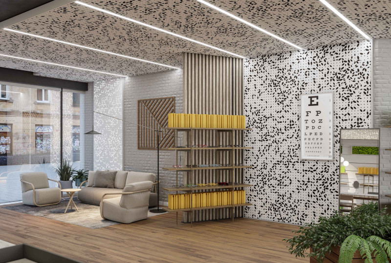 “Optical Retail and Office Reception” Featuring: Vapor® Bloom by Arktura with Soft Sound®, InLine and Backlighting Accessories