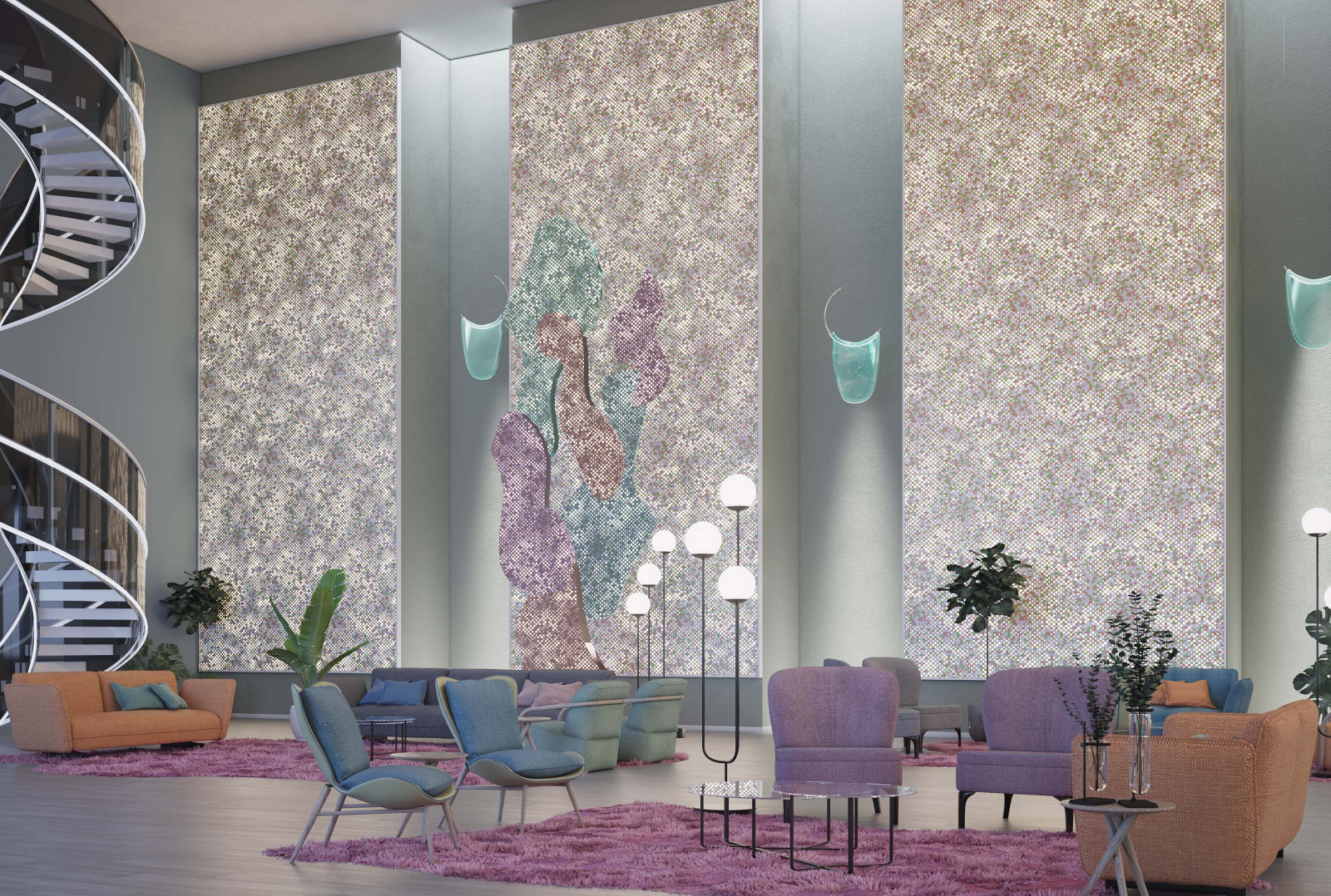  This lobby area has muted tones of purple, blue and orange furnishings with green plants scattered throughout the space. There are two purple rugs, various lights and VaporHue™ Flora panels printed and featuring Arktura Backlinting on the feature back walls. 