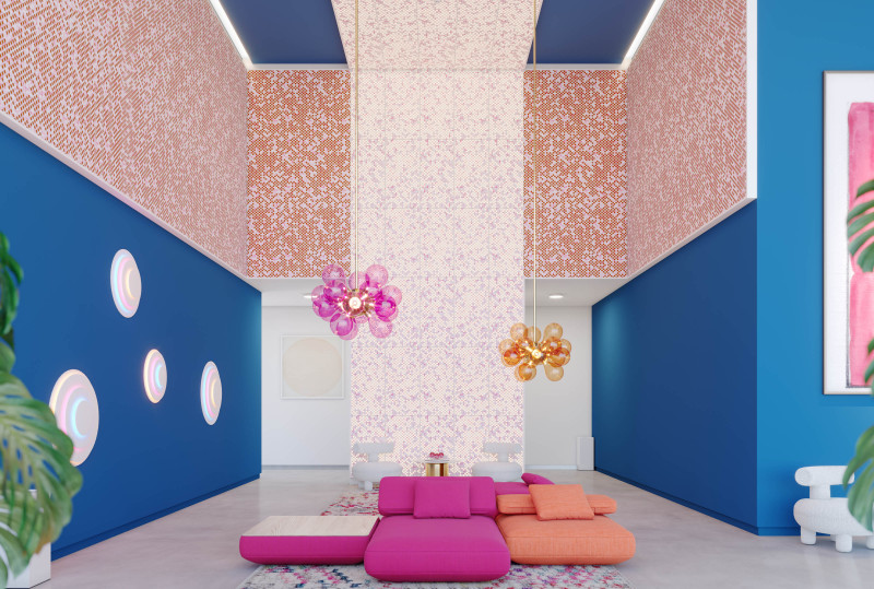 This bright lobby has cerulean blue walls and VaporHue™ Pop panels in white, printed with a custom fucsia printed hue. There are pink and orange chairs in the center of the room with orange and pink chandeliers hanging over the seat to compliment the panels and their Soft Sound® Backer and Arktura Backlighting.