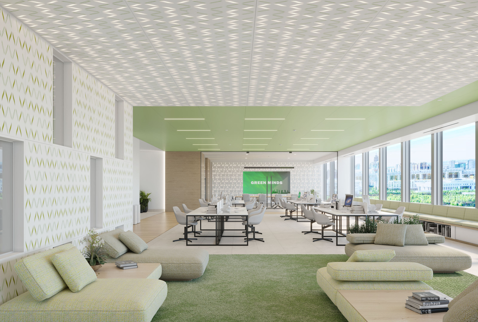 This contemporary biophilic office space has a seating area with green furniture and a green rug. There are also desks in the space with white chairs and computers on the desks. There are Arktura VaporHue™panels on the ceiling and the walls in green and white color, featuring Arktura Soft Sound® backers in the wall system, and Arktura Backlighting in the Ceiling Panels.