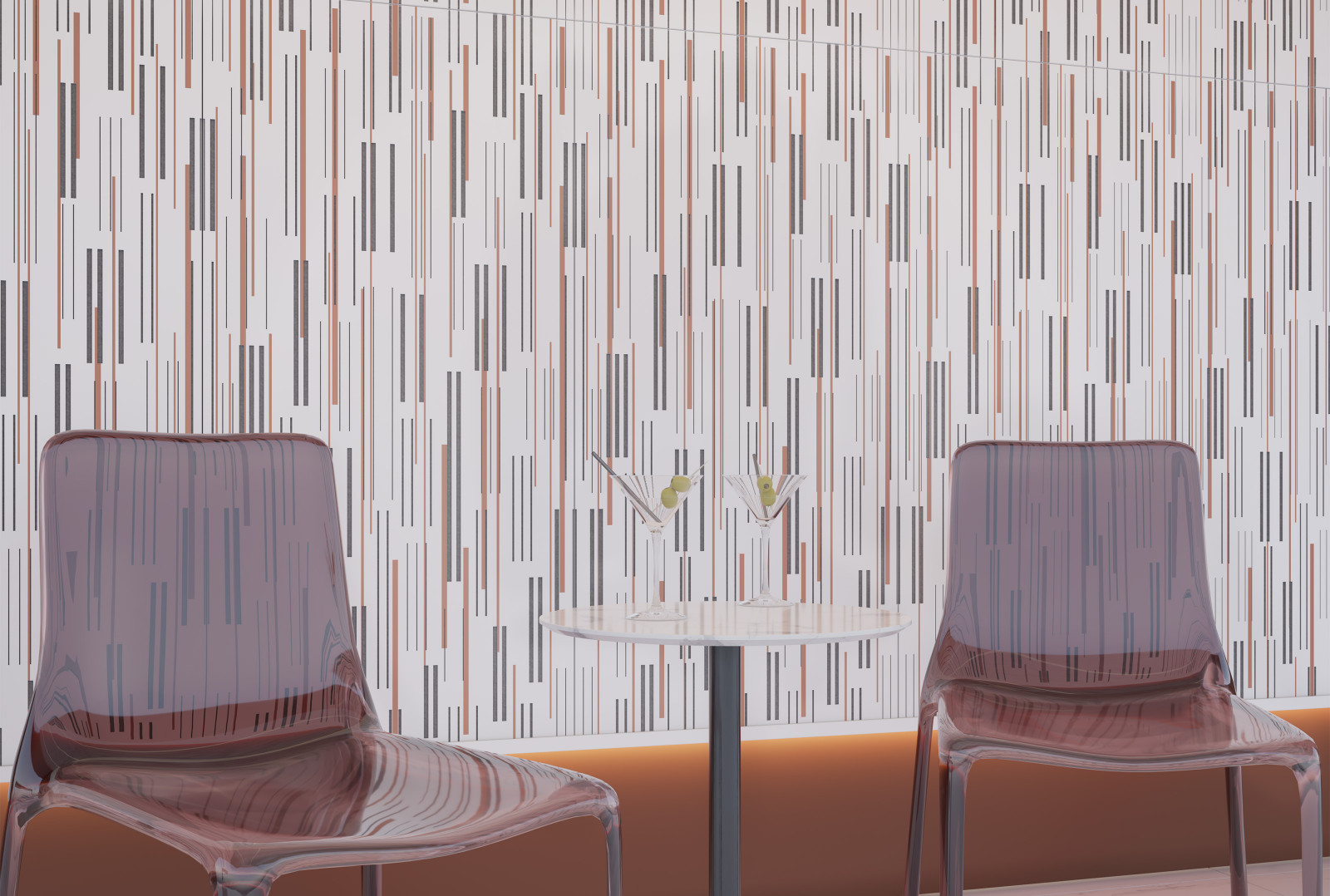 This is a close-up image of a seating area with two red chairs and a glass table holding two martini glasses with green olives in them. The wall behind the seating area is VaporHue™ Astra panels featuring Soft Sound® Backers in Graphite by Arktura.