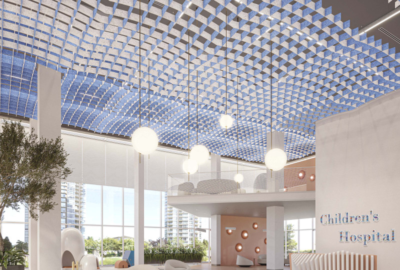 This hospital area features large windows, indoor plants, hanging light fixtures and blue and white Arktura baffles. 