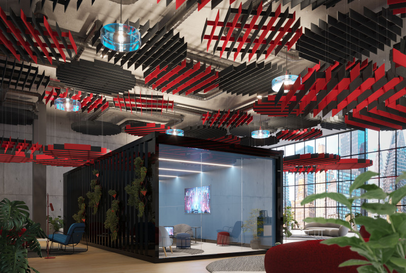 This office space has red and black round baffles from Arktura. 