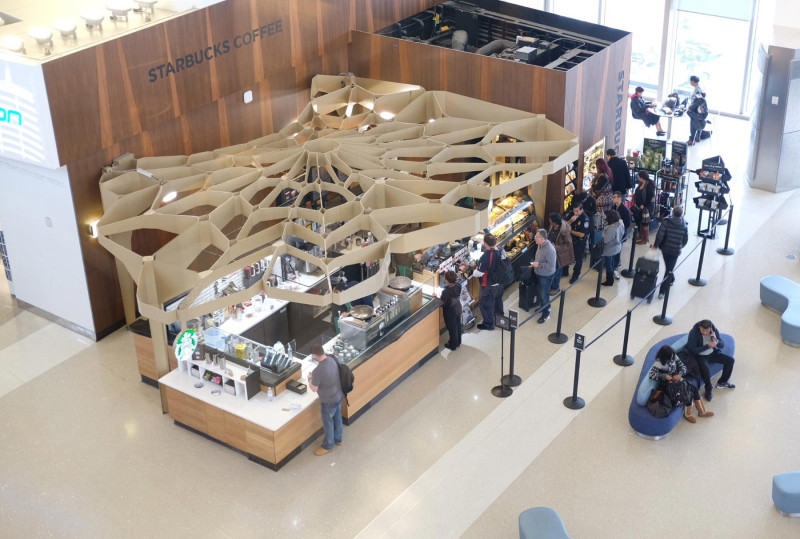 Alt Text: This Starbucks is in the LAX Airport. There is a long line of people waiting to be served.  